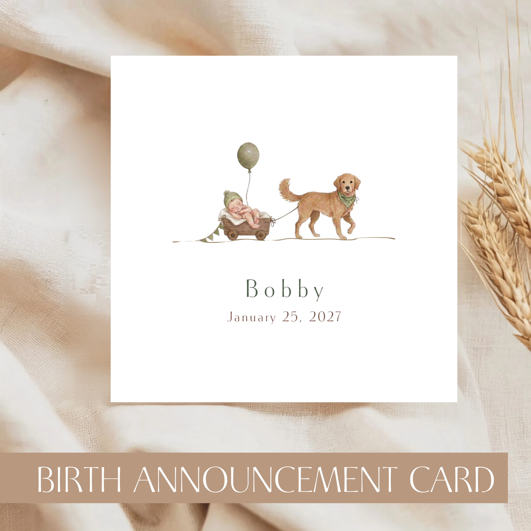 Birth Announcement Card With Dog — editable Canva template