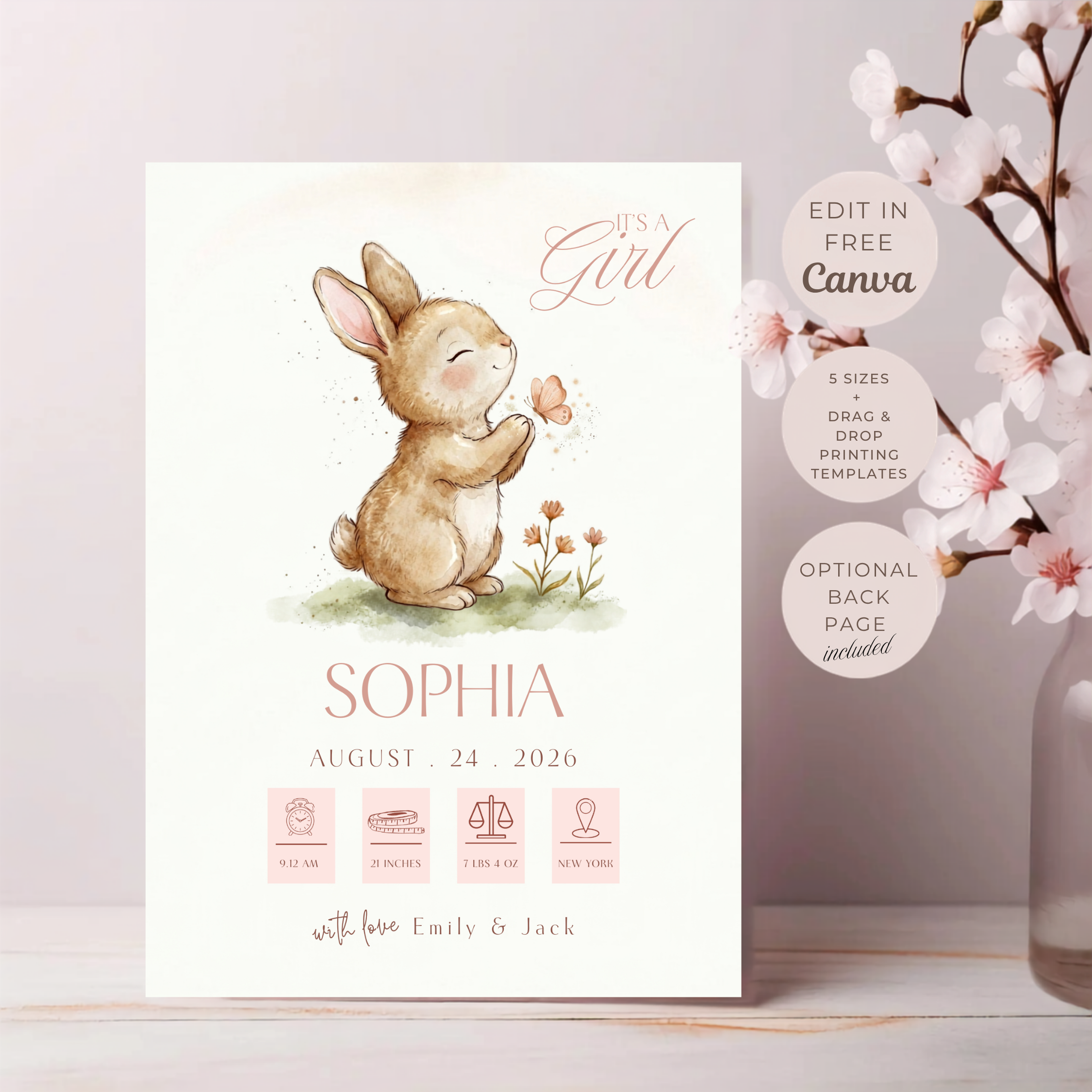 Baby Birth Announcement Card, Bunny Newborn Birth Announcement — editable Canva template