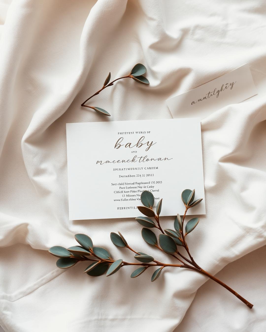 Baby shower invitation on linen with eucalyptus