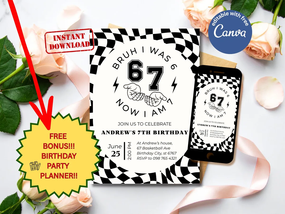 Bruh I Was 6 Now I Am 7 Birthday Invitation — editable Canva template