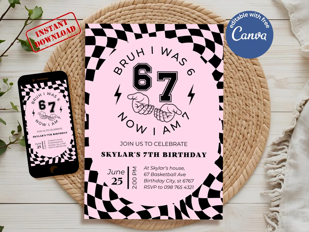 Bruh I Was 6 Now I Am 7 — Pink Birthday Invitation — editable Canva template