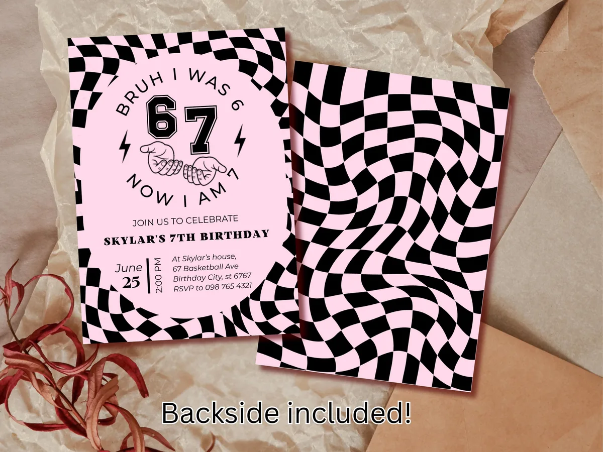 Bruh I Was 6 Now I Am 7 — Pink Birthday Invitation — preview 2