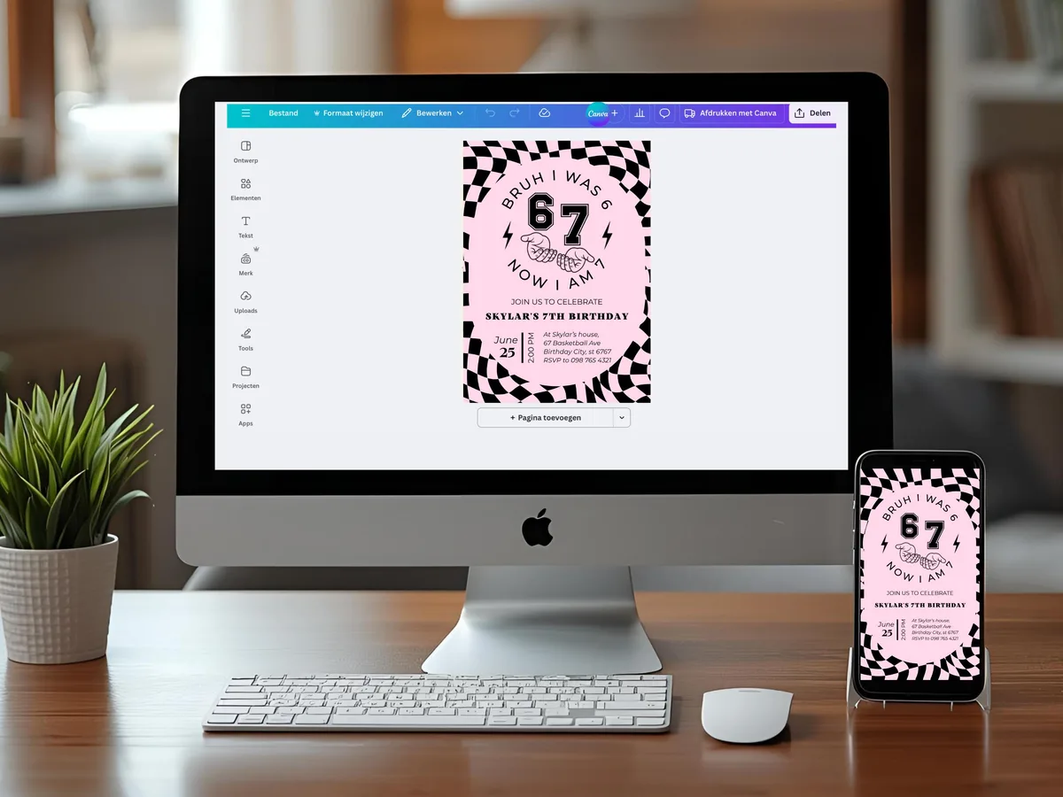 Bruh I Was 6 Now I Am 7 — Pink Birthday Invitation — preview 4