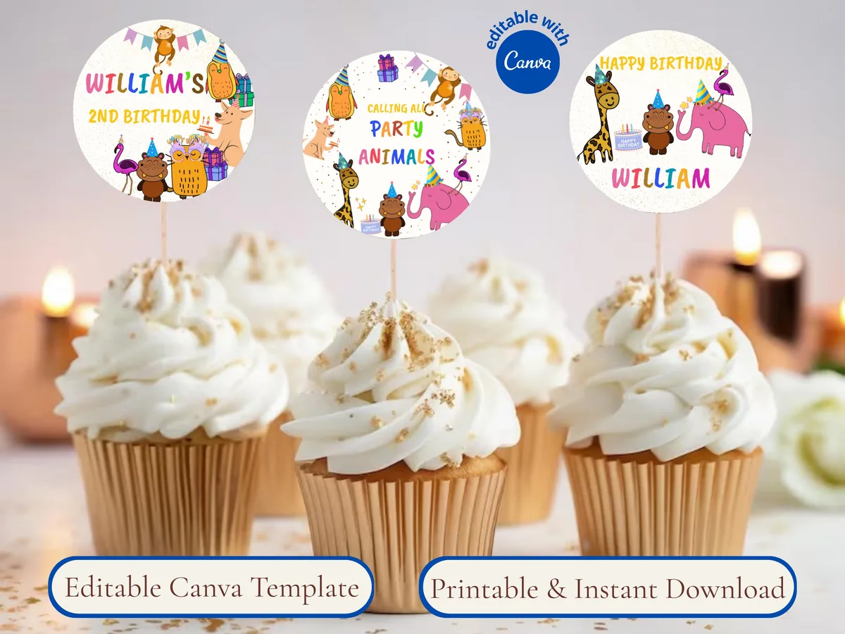 Colorful Animal Birthday Cupcake Toppers — editable Canva template
