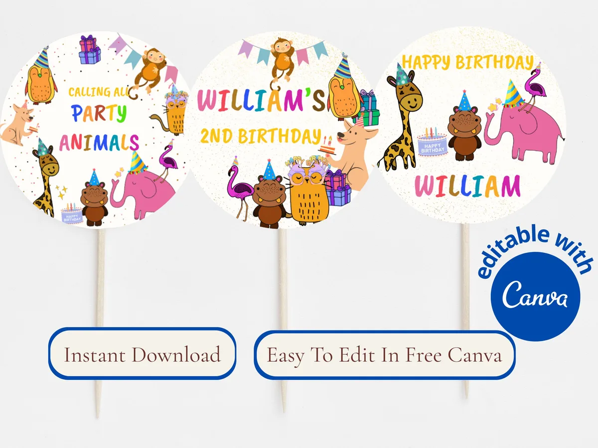 Colorful Animal Birthday Cupcake Toppers — preview 3