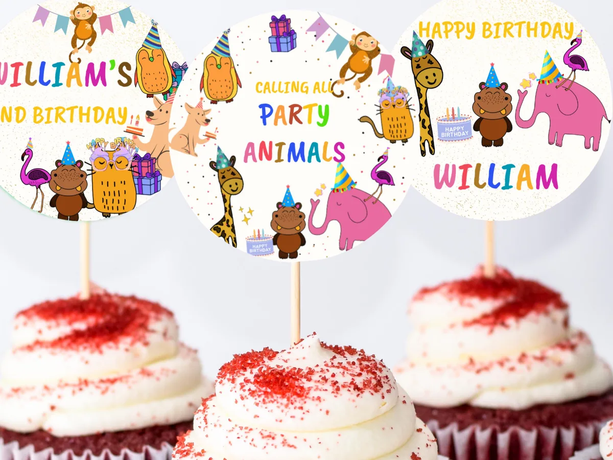 Colorful Animal Birthday Cupcake Toppers — preview 4