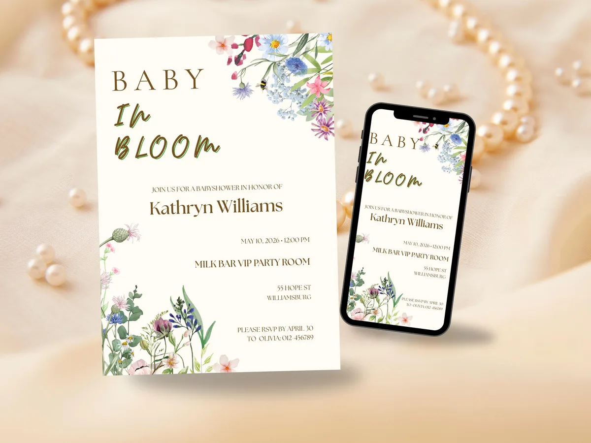 Baby in Bloom Baby Shower Invitation — editable Canva template