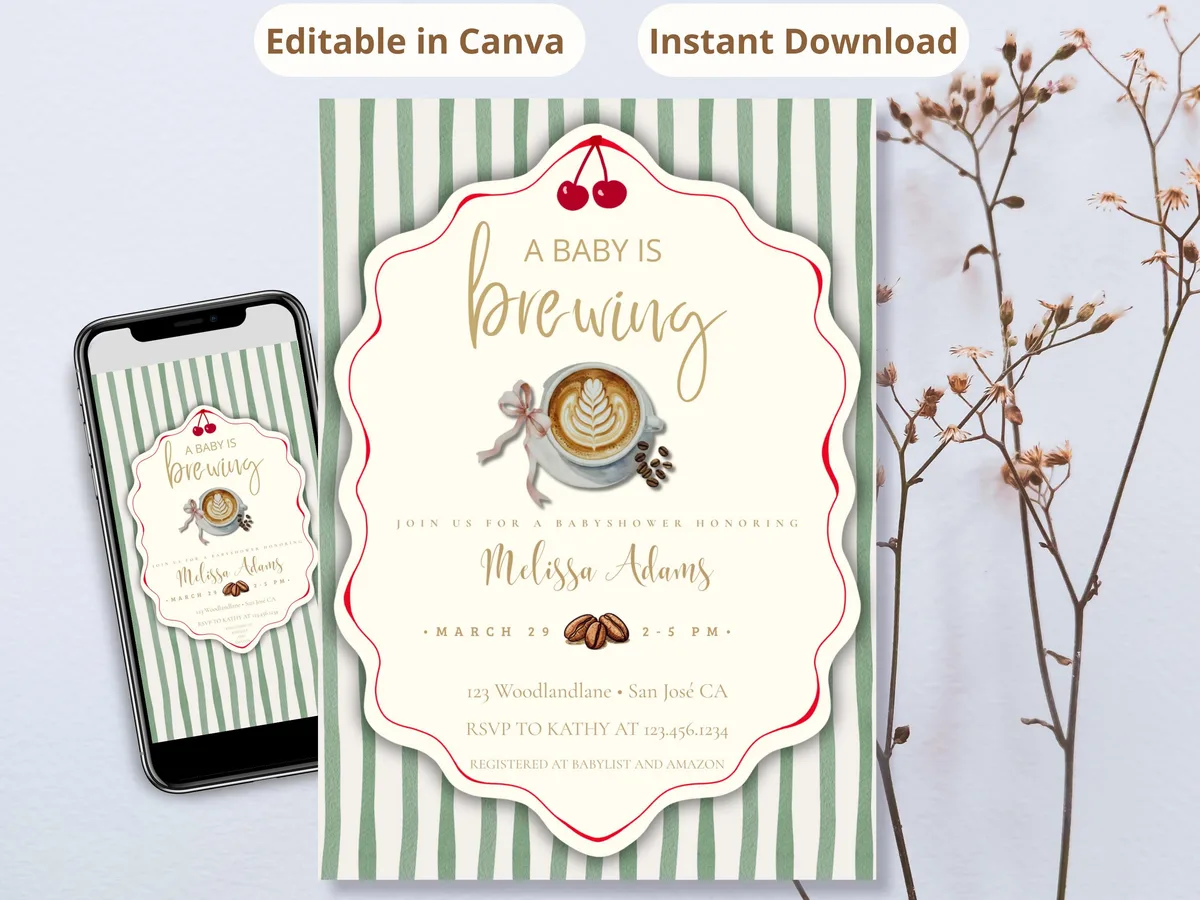 Baby is Brewing Coffee Baby Shower Invitation — editable Canva template