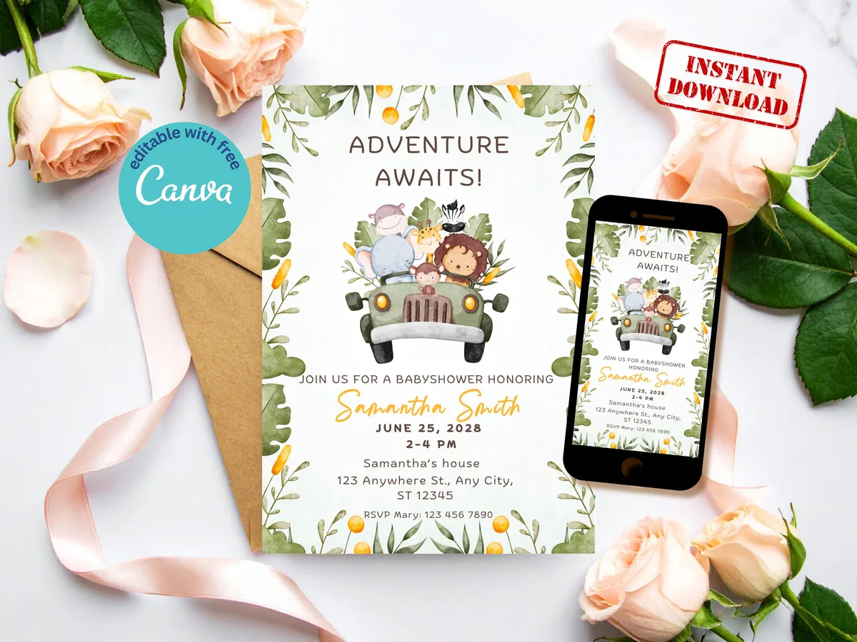 Adventure Awaits Safari Baby Shower Invitation — editable Canva template