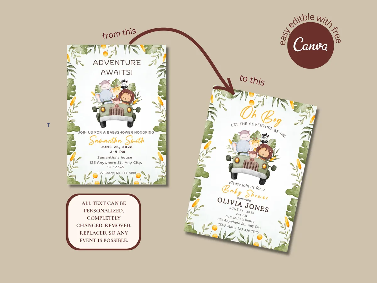 Adventure Awaits Safari Baby Shower Invitation — preview 2