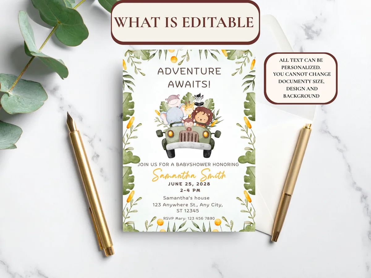 Adventure Awaits Safari Baby Shower Invitation — preview 3