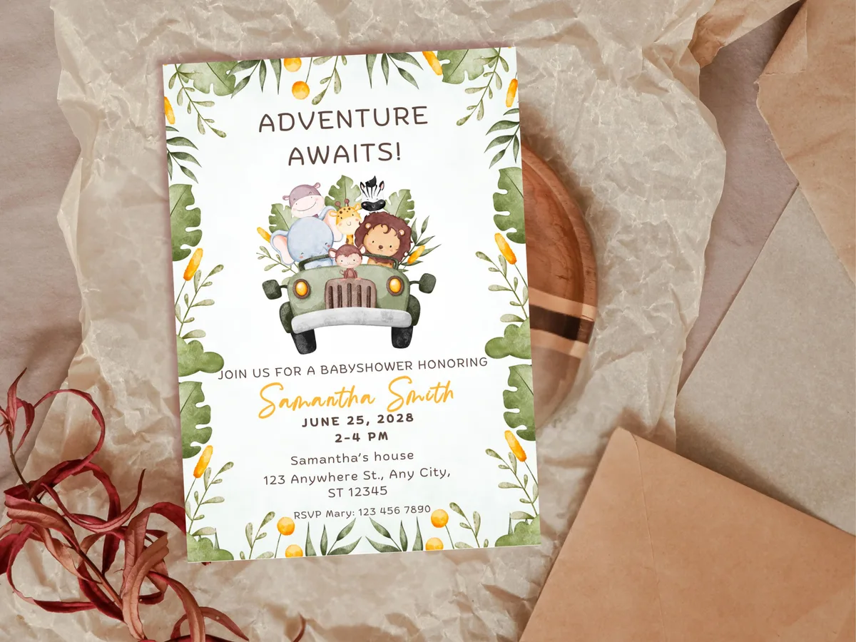 Adventure Awaits Safari Baby Shower Invitation — preview 5