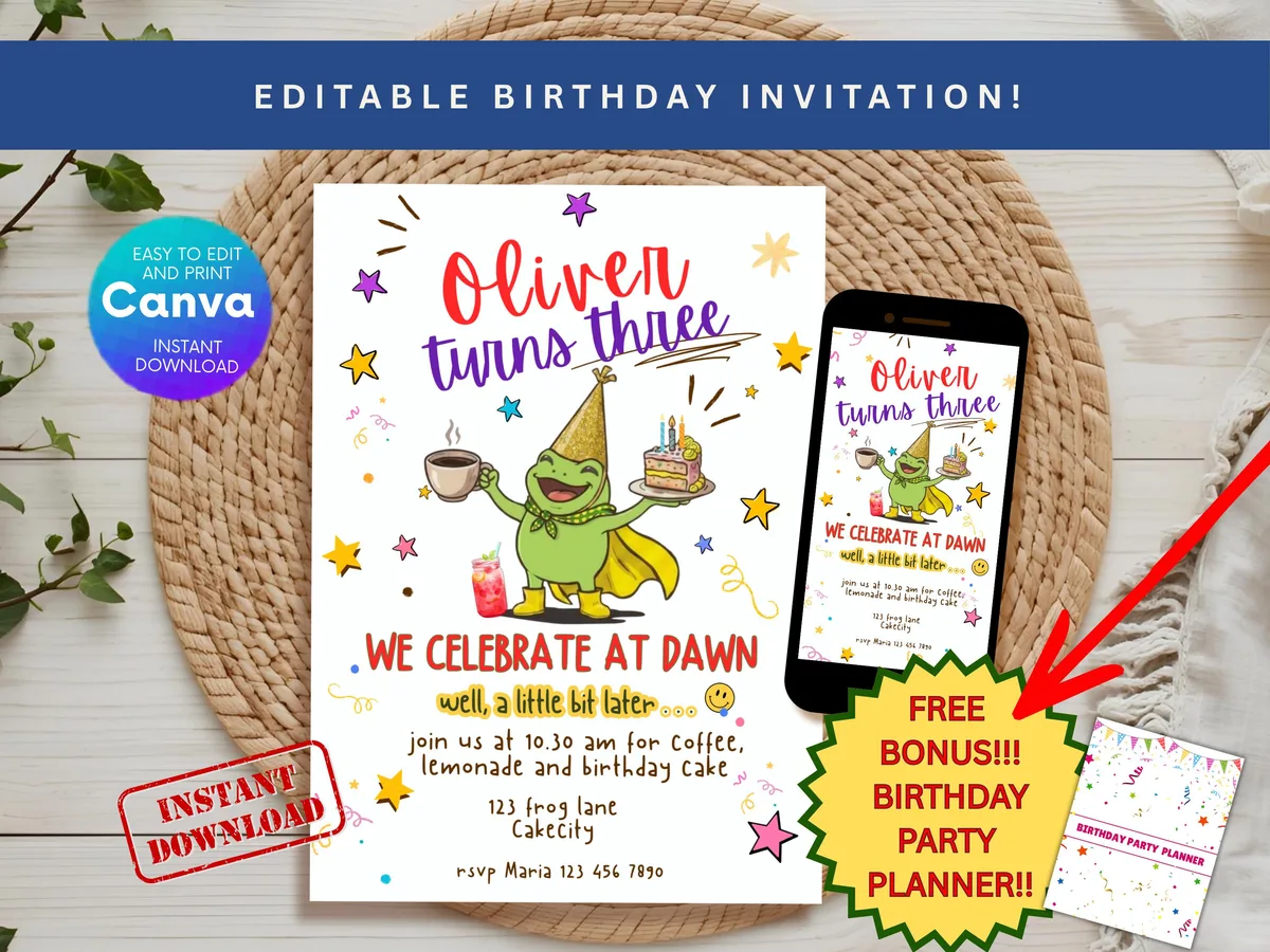 Birthday Coffee Cake Frog Invitation — editable Canva template
