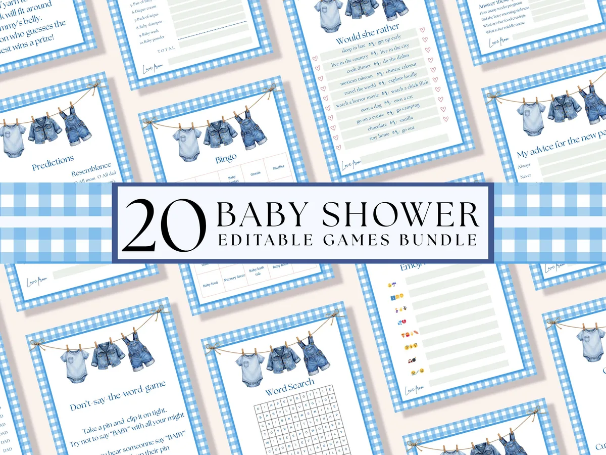 Blue Gingham Baby Shower Games Bundle — editable Canva template