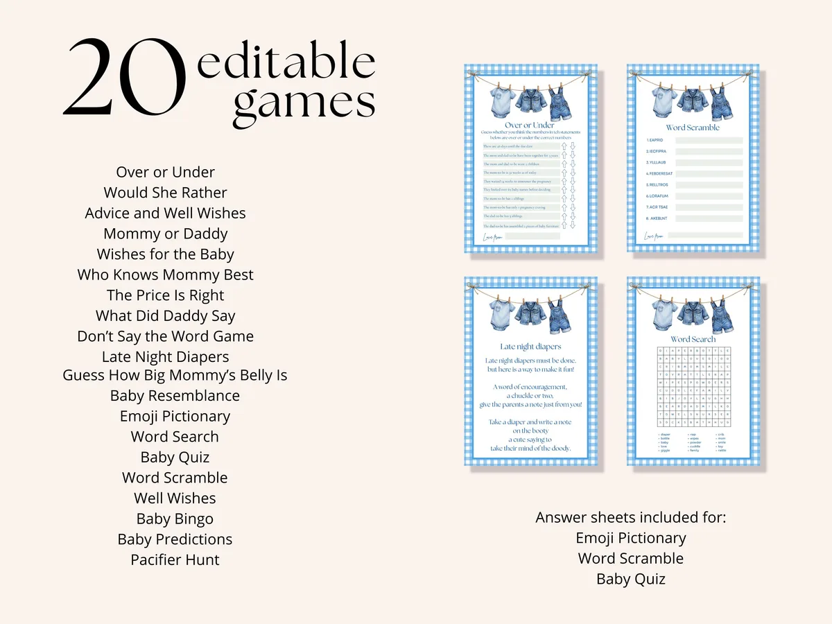 Blue Gingham Baby Shower Games Bundle — preview 2