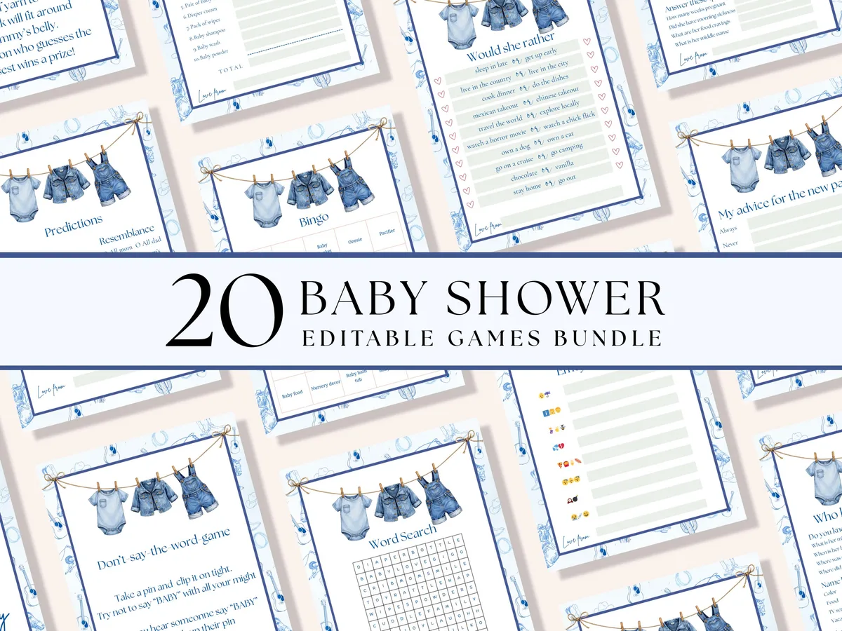 Blue Jean Baby Shower Games Bundle — editable Canva template