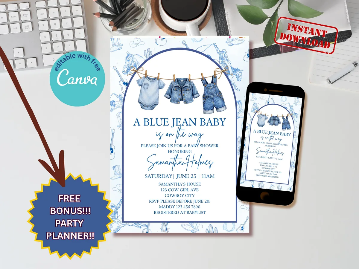 Blue Jean Baby Shower Invitation — editable Canva template