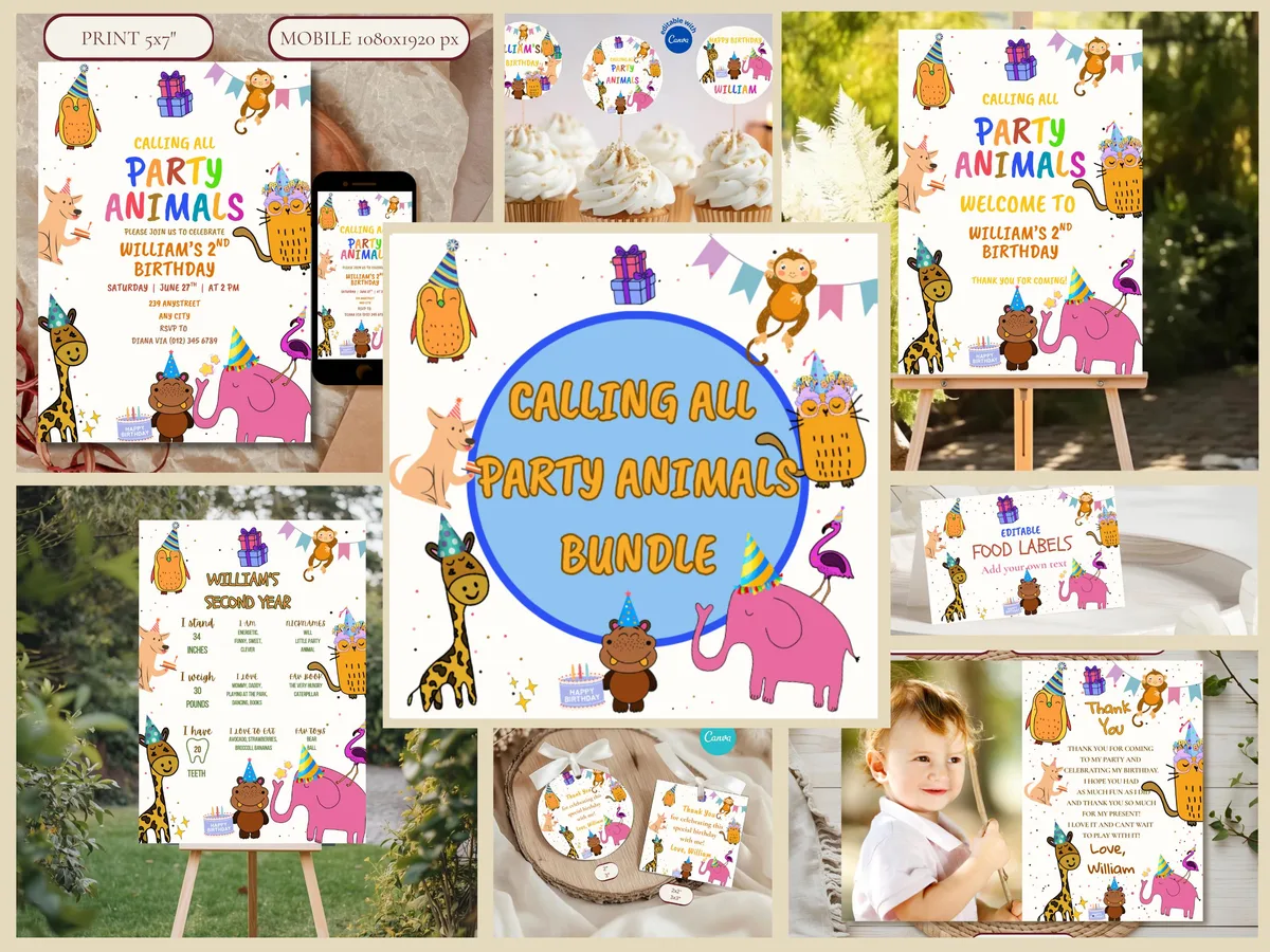 Calling All Party Animals Birthday Bundle — editable Canva template