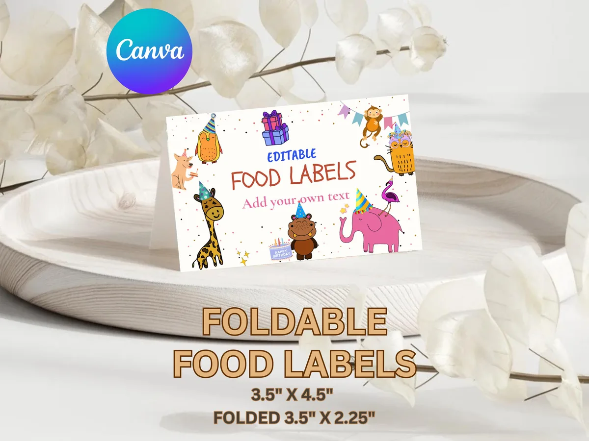 Calling All Party Animals Food Labels — editable Canva template