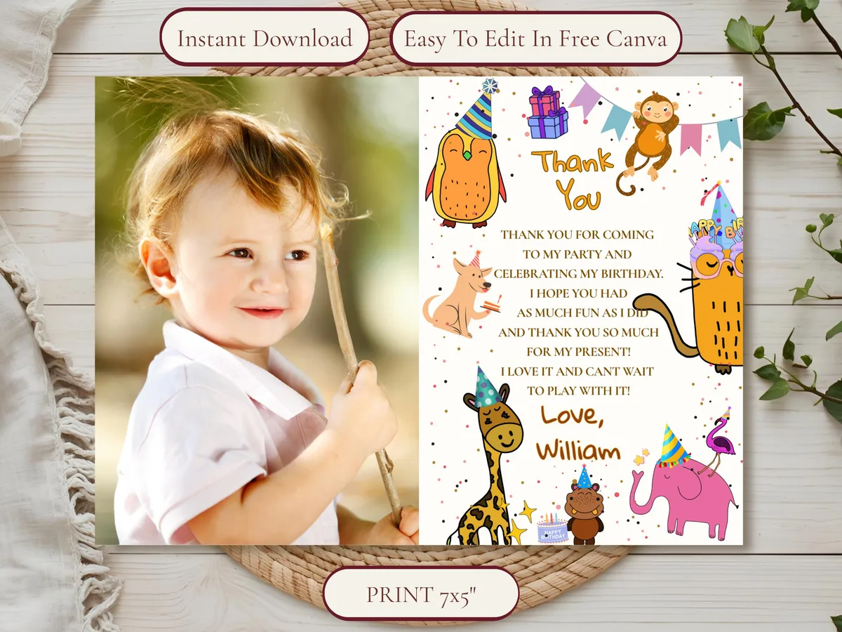Calling All Party Animals Thank You Card — editable Canva template