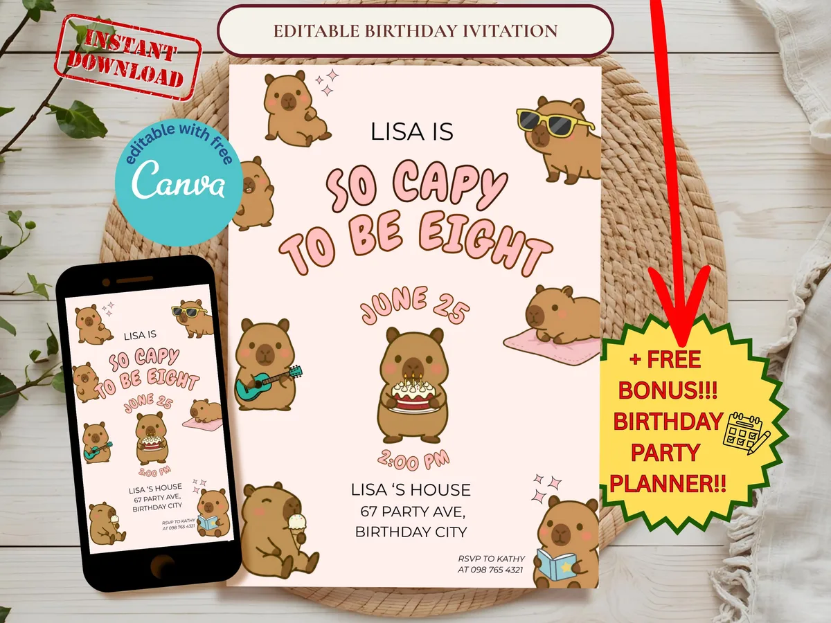 So Capy to Be Birthday Invitation — editable Canva template