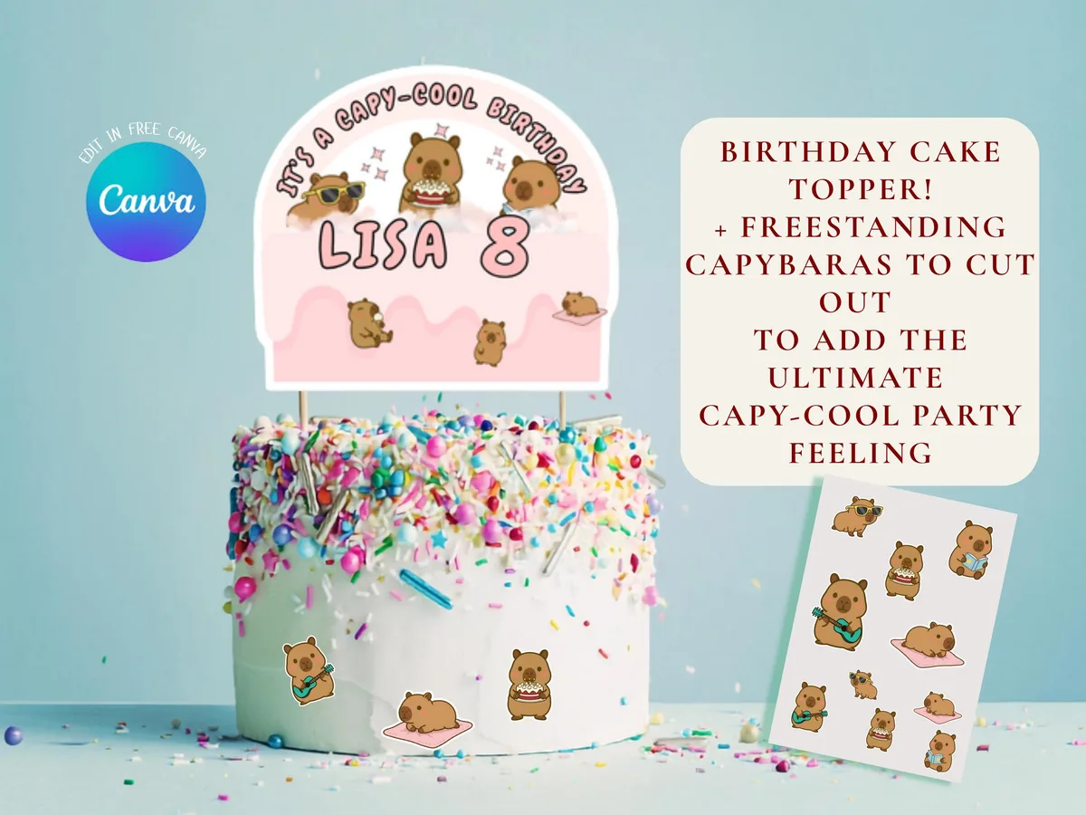 Capybara Birthday Cake Topper — editable Canva template