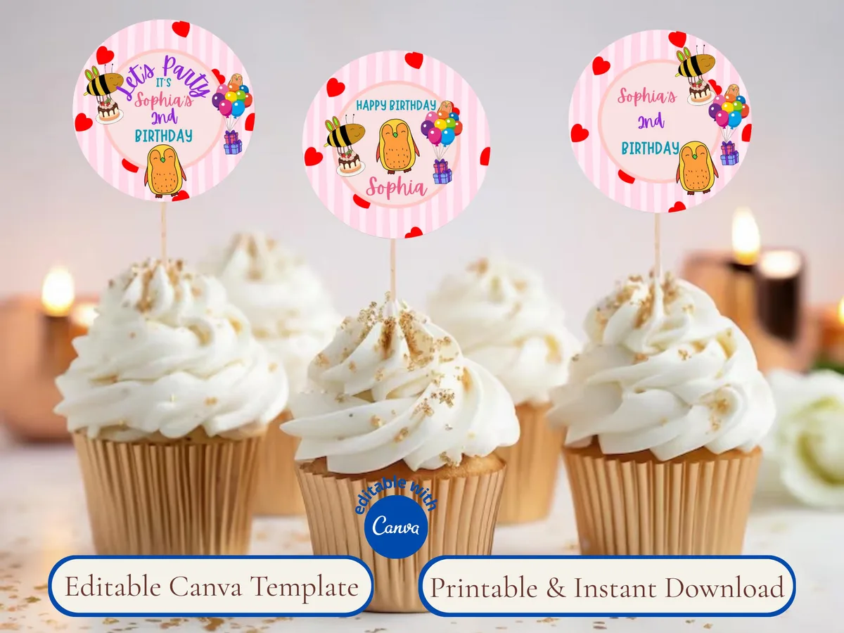 Cartoon Animal Birthday Cupcake Toppers — editable Canva template