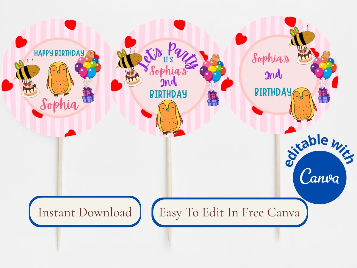 Cartoon Animal Birthday Cupcake Toppers — preview 2