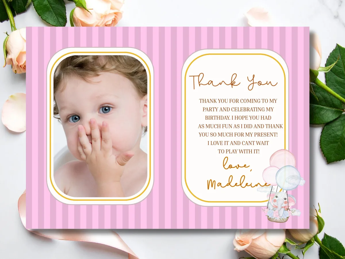 1st Birthday Thank You Card — editable Canva template