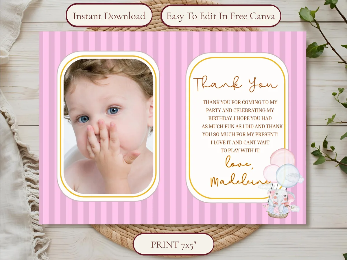 1st Birthday Thank You Card — preview 2