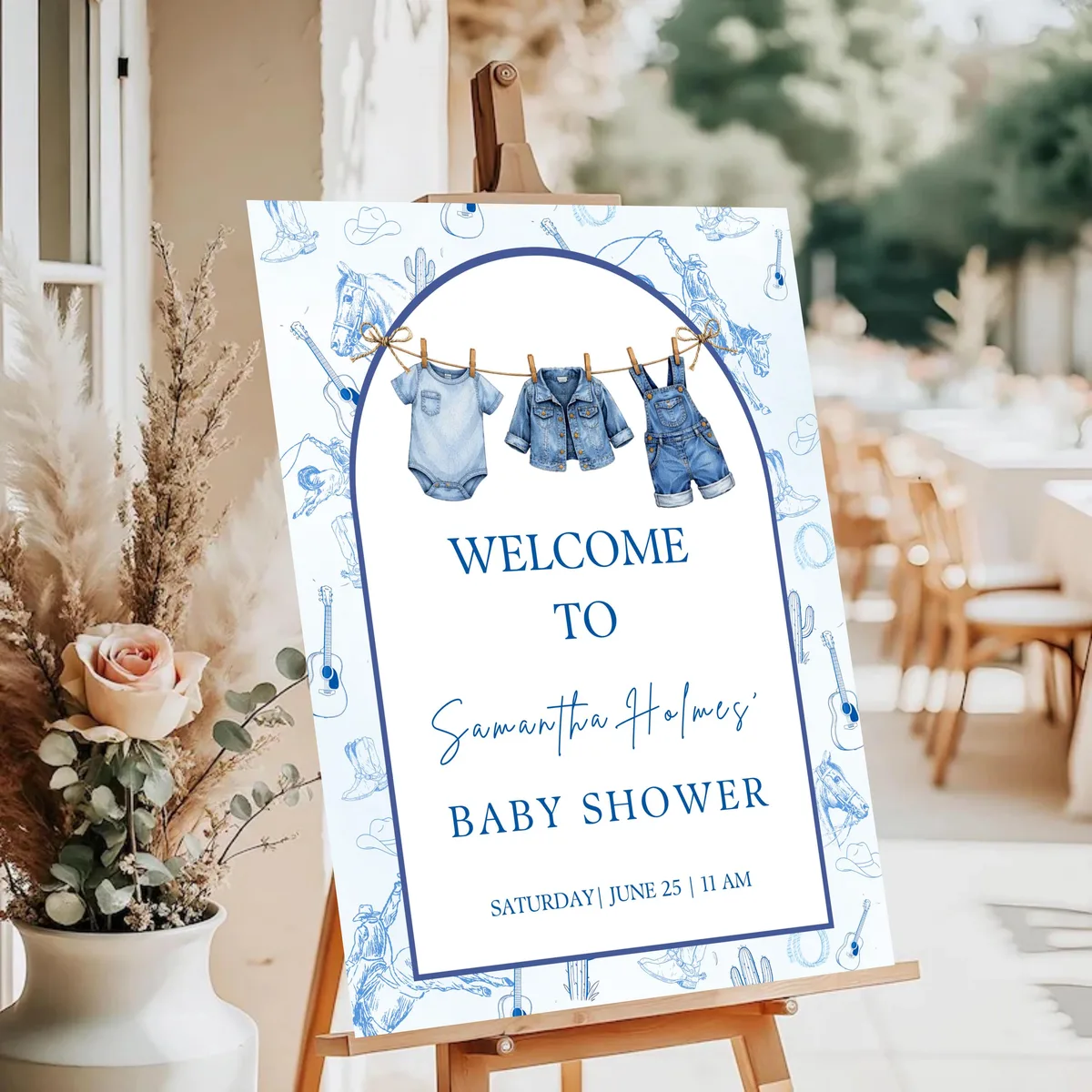 Blue Jean Baby Shower Welcome Sign — editable Canva template