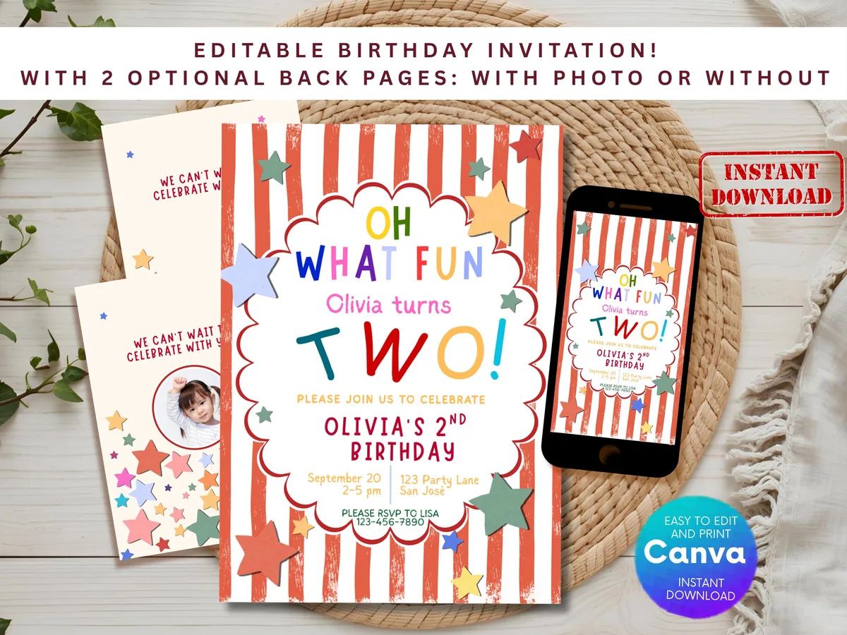 Colorful Red Second Birthday Invitation — editable Canva template