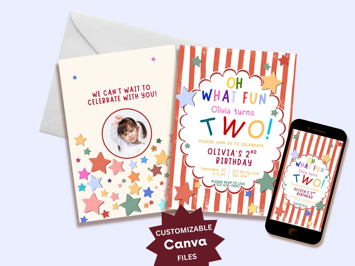 Colorful Red Second Birthday Invitation — preview 2