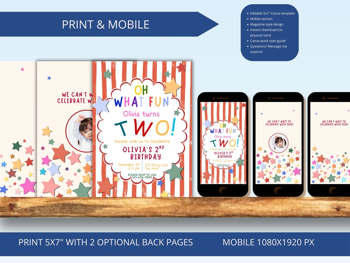 Colorful Red Second Birthday Invitation — preview 3