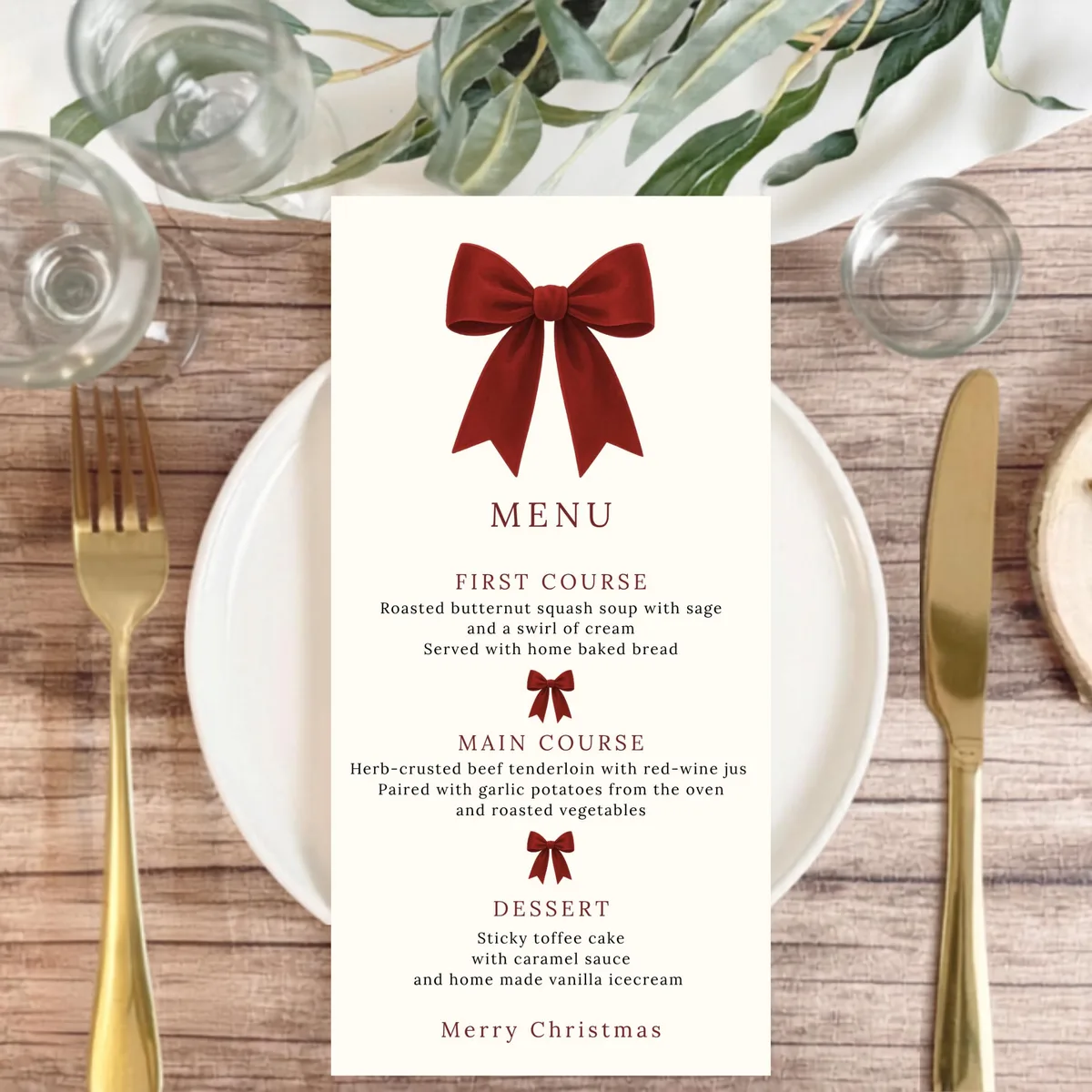 Red Velvet Bow Birthday Dinner Menu — editable Canva template