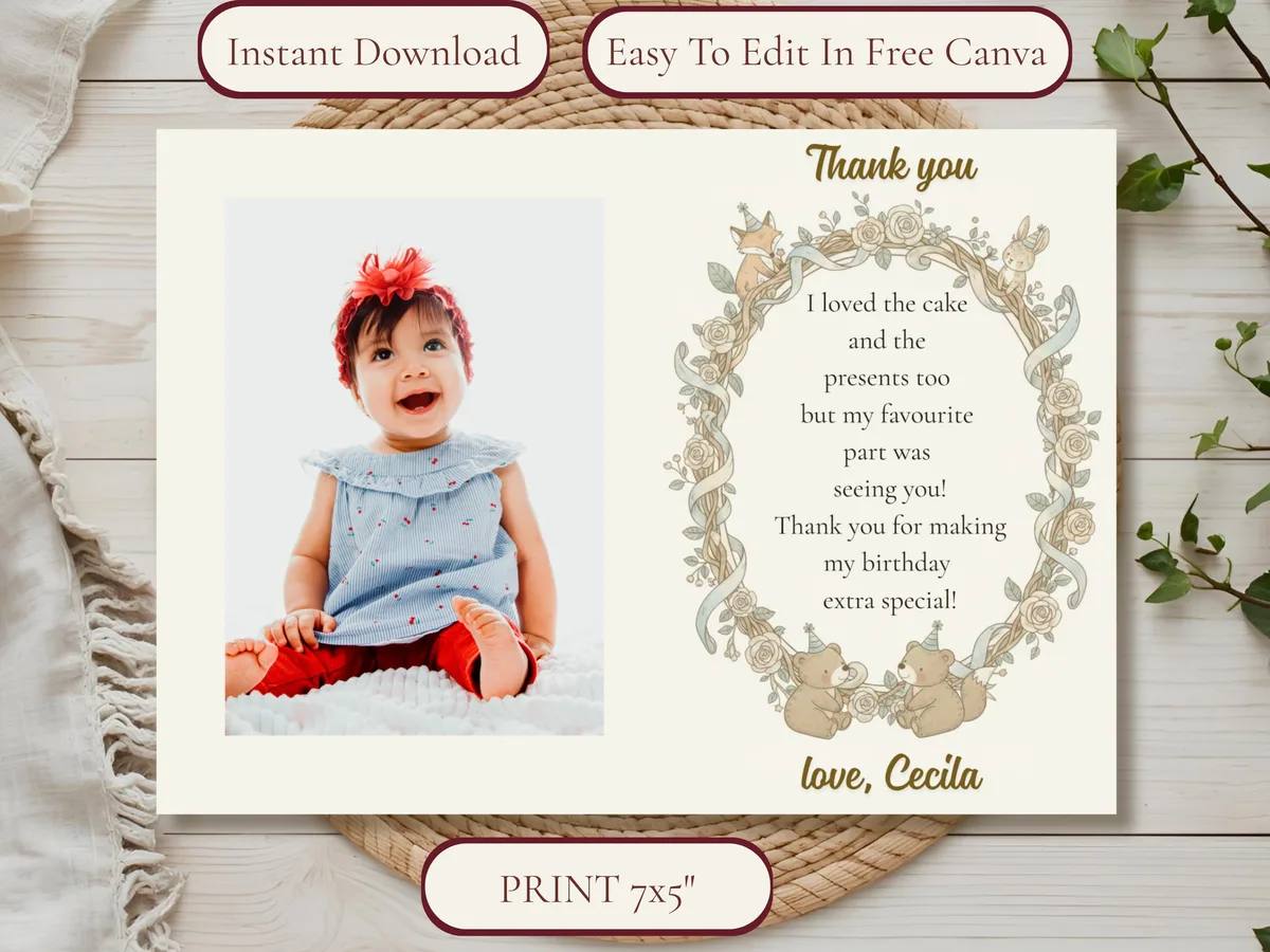 Woodland Birthday Thank You Card — editable Canva template