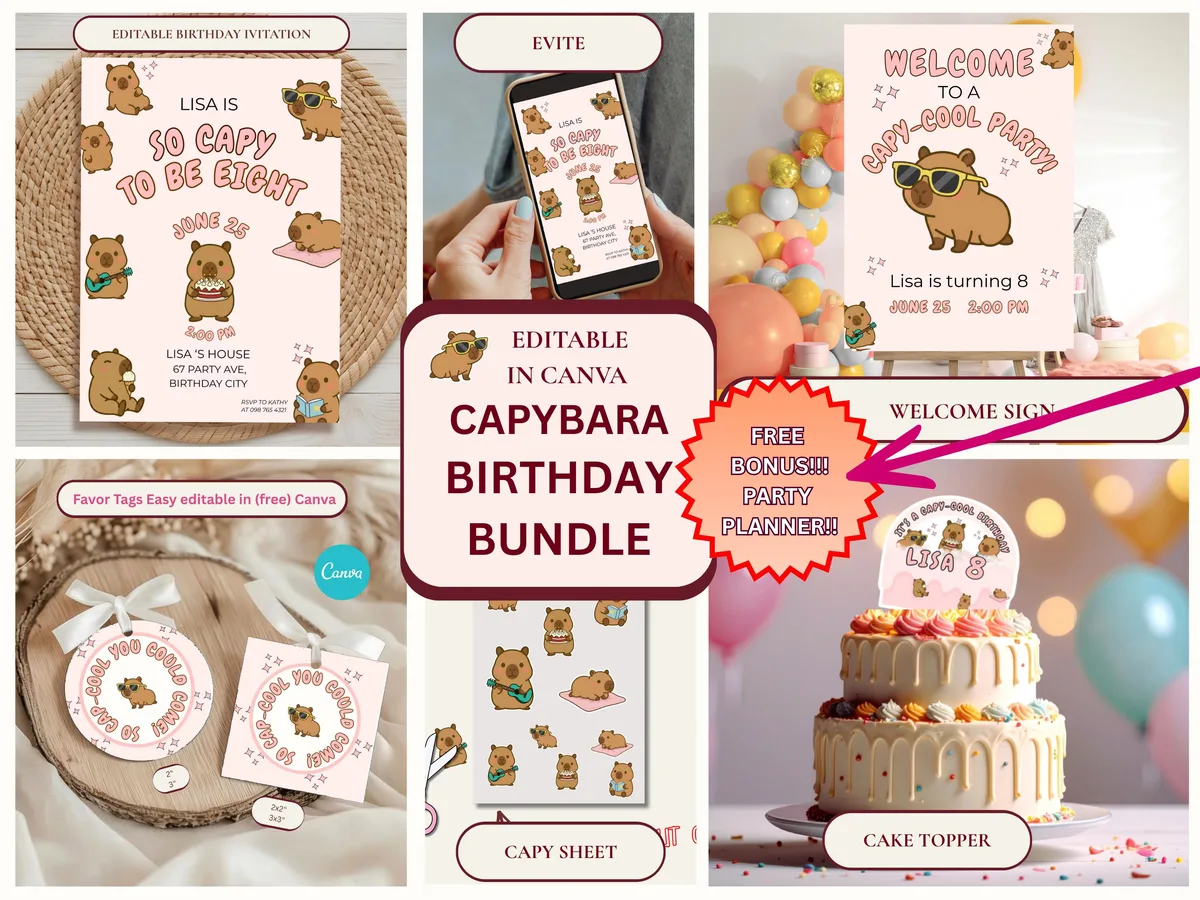 Capybara Birthday Party Bundle — editable Canva template