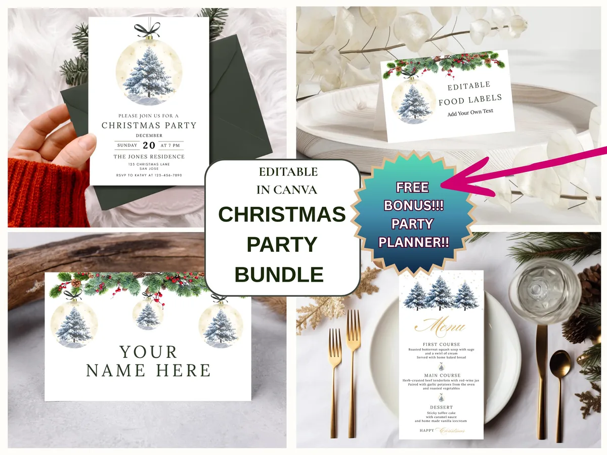 Green Bow Christmas Party Bundle — editable Canva template
