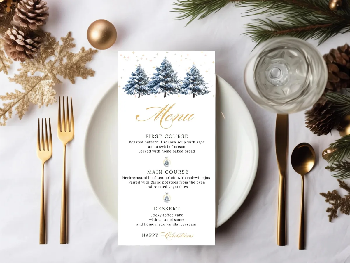 Green Bow Christmas Dinner Menu — editable Canva template