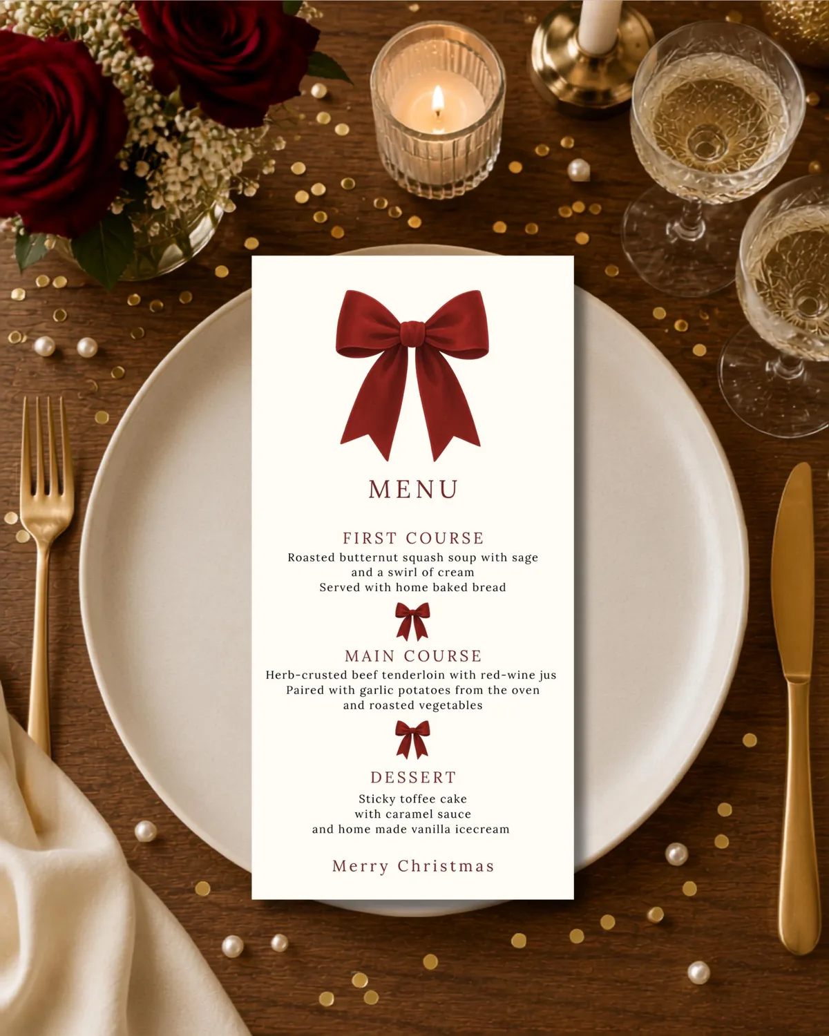 Red Velvet Bow Christmas Dinner Menu — preview 2