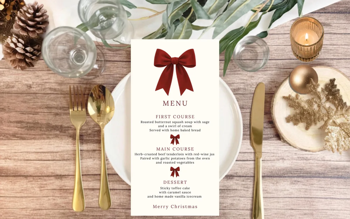 Red Velvet Bow Christmas Dinner Menu — preview 4