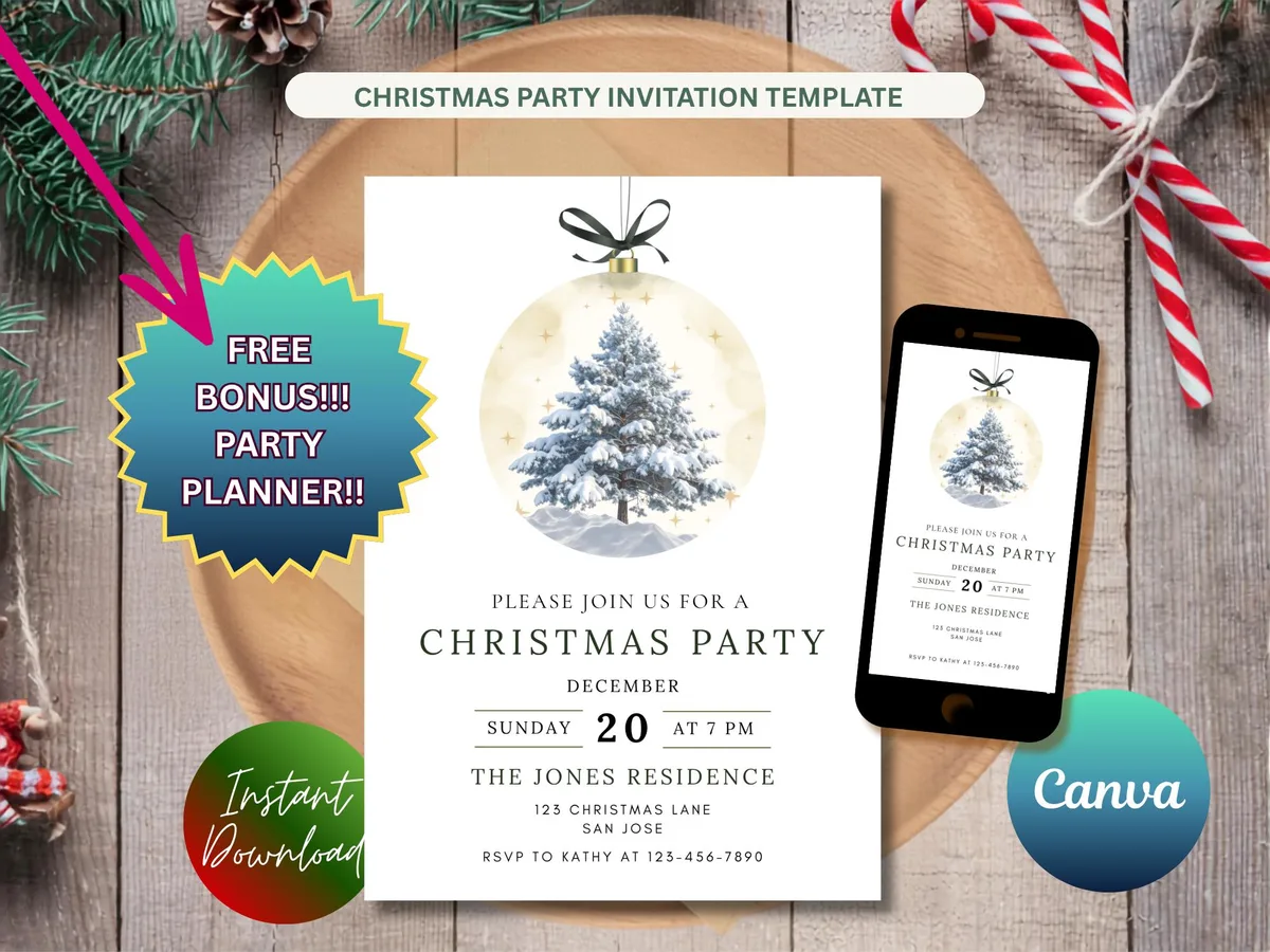 Green Bow Christmas Party Invitation — editable Canva template