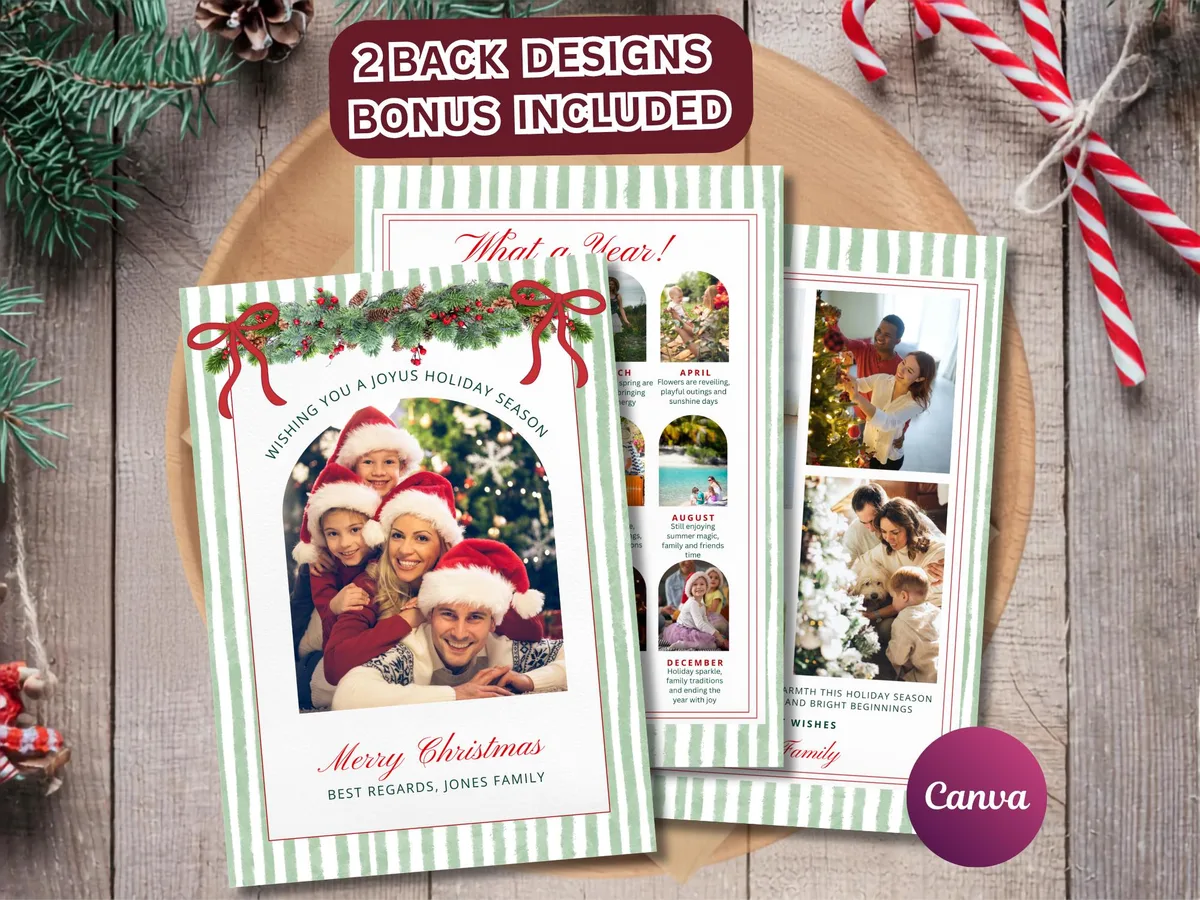 Sage Green Stripe Christmas Photo Card — editable Canva template