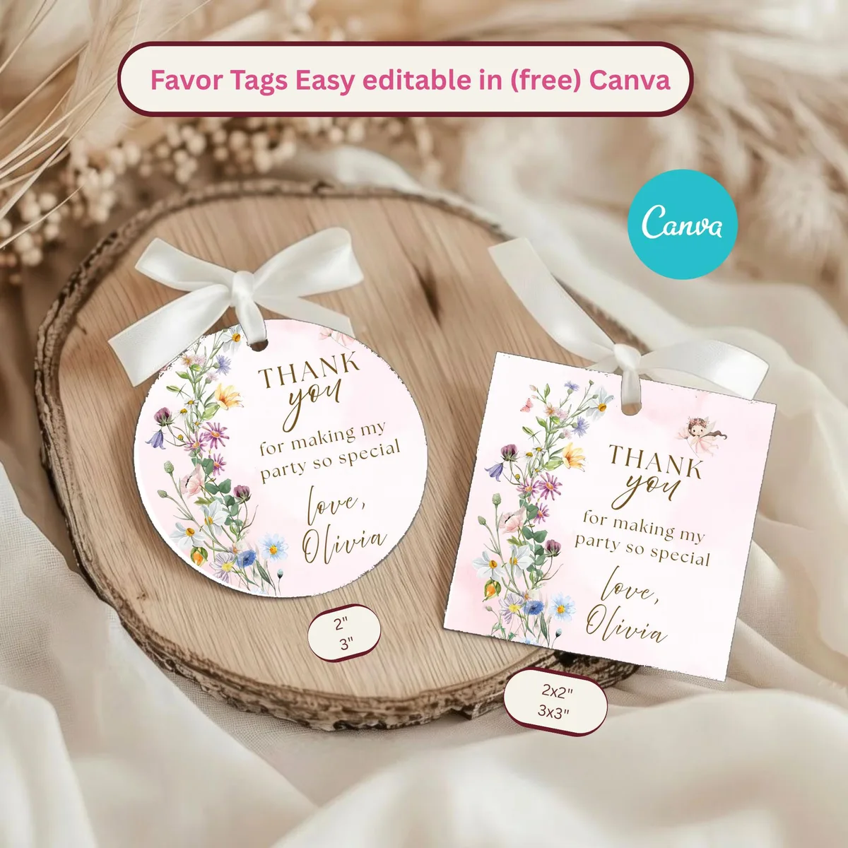 Fairy Garden Birthday Favor Tags — editable Canva template