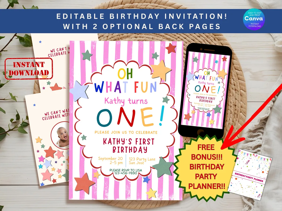 Colorful Pink First Birthday Invitation — editable Canva template