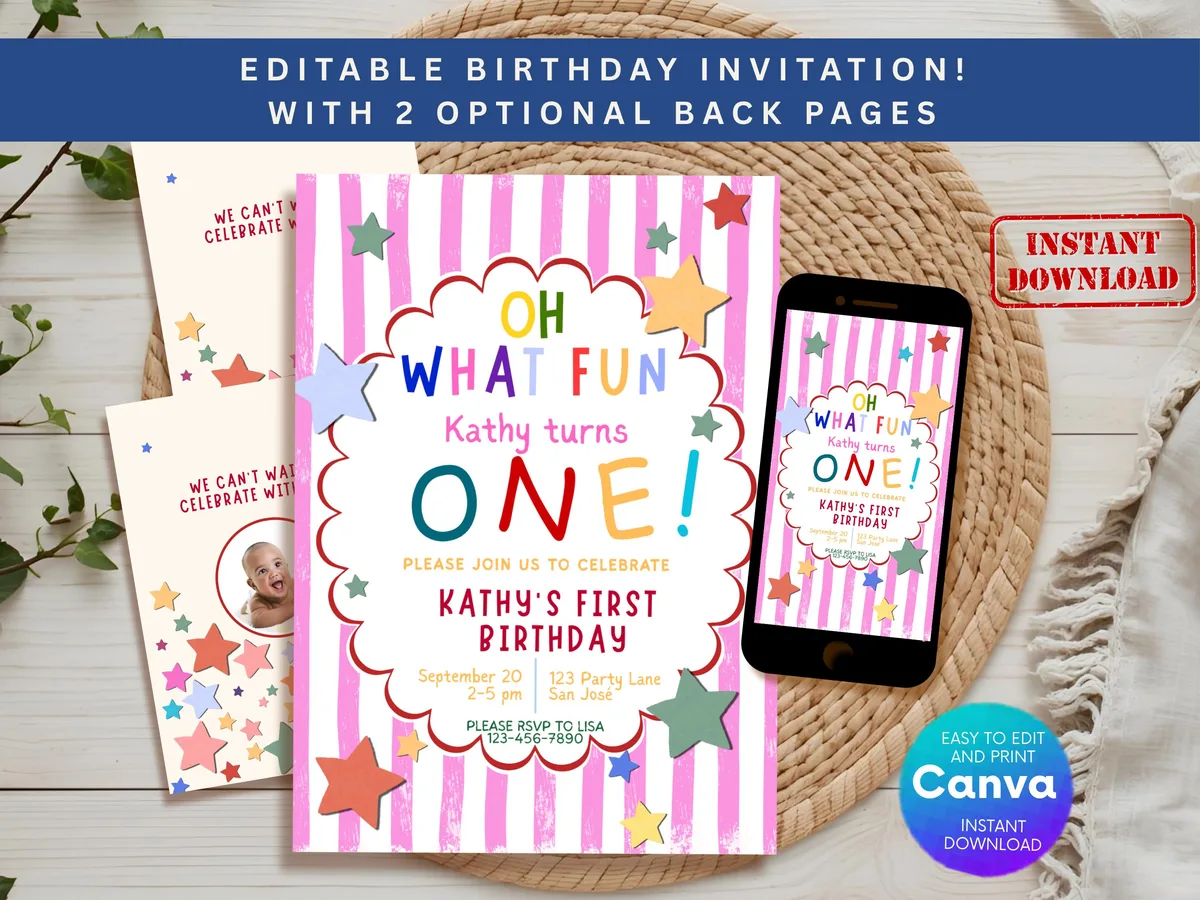 Colorful Pink First Birthday Invitation — preview 2