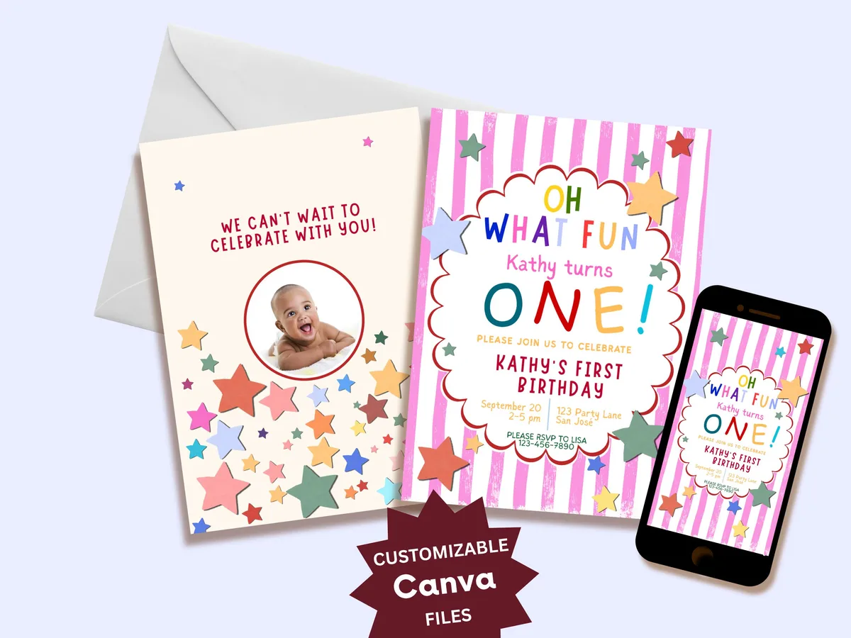 Colorful Pink First Birthday Invitation — preview 3
