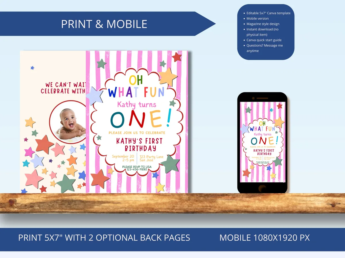 Colorful Pink First Birthday Invitation — preview 5