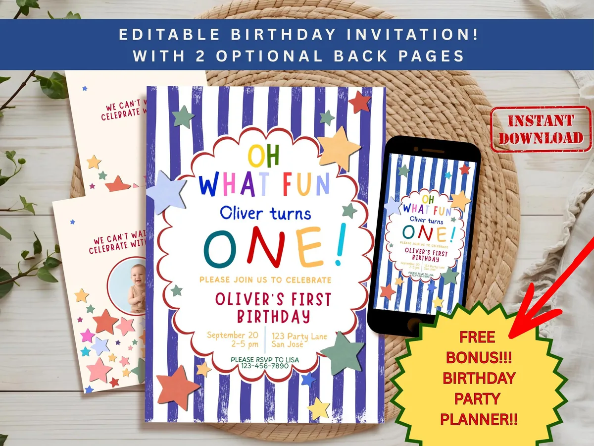 Colorful First Birthday Invitation — editable Canva template