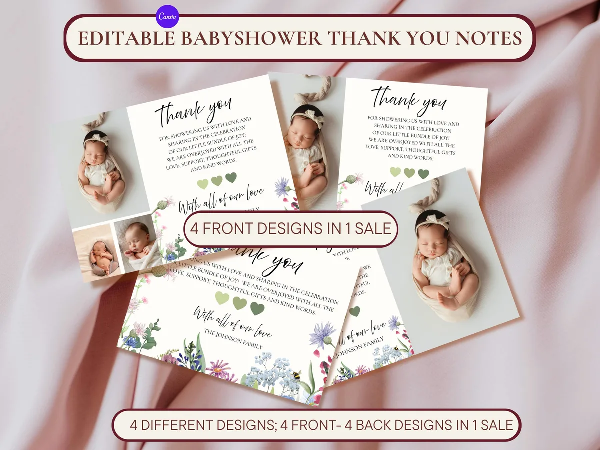 Wildflower Baby Shower Thank You Cards — editable Canva template